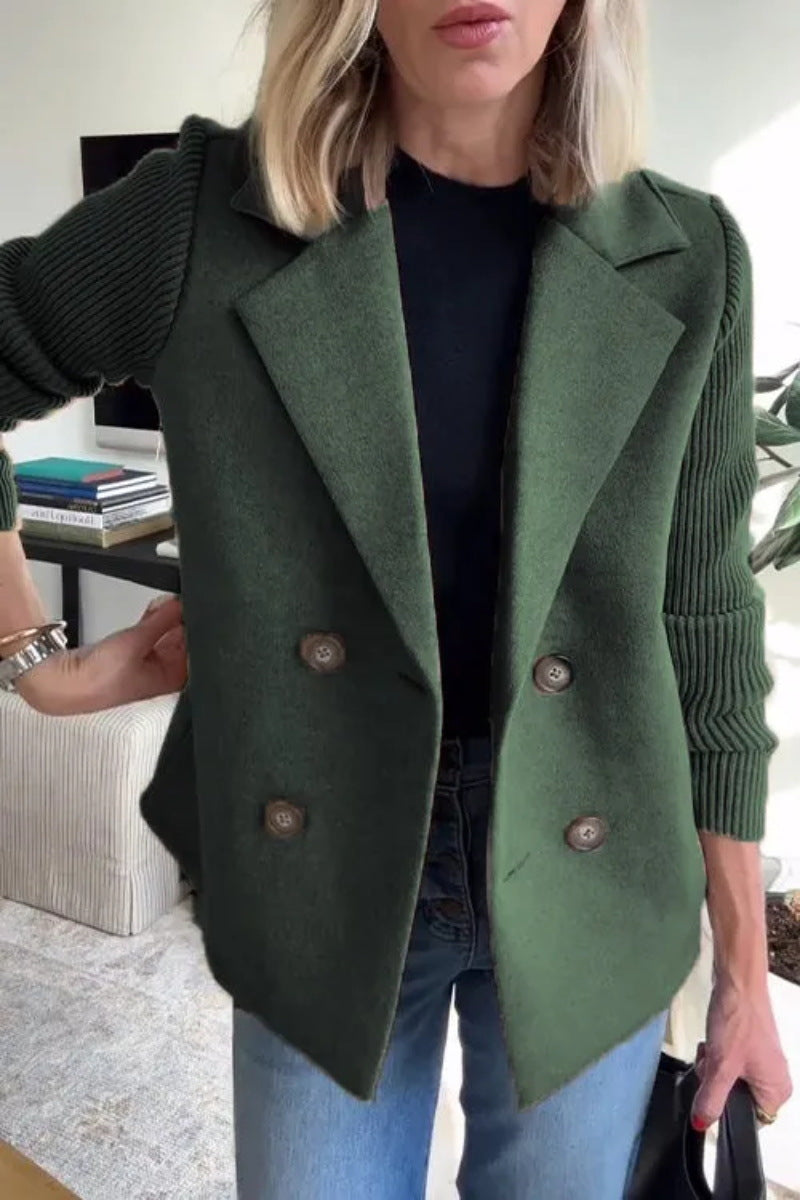 Ribbed Sleeve Double Breasted Lapel Jacket - DarkGreen