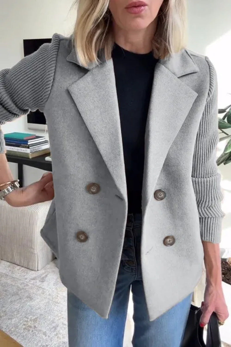 Ribbed Sleeve Double Breasted Lapel Jacket - Gray