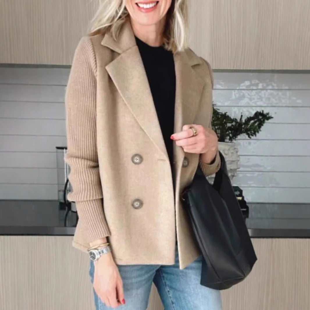 Ribbed Sleeve Double Breasted Lapel Jacket - Khaki