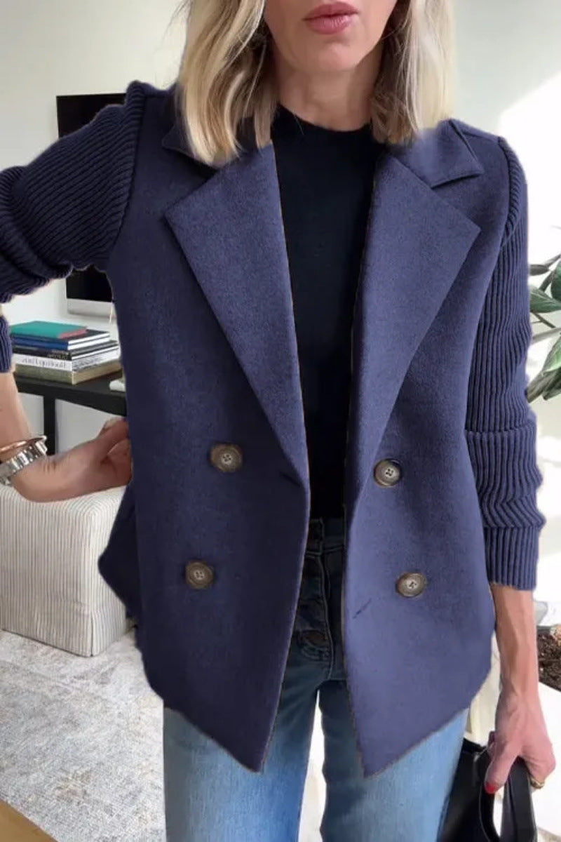 Ribbed Sleeve Double Breasted Lapel Jacket - Navy