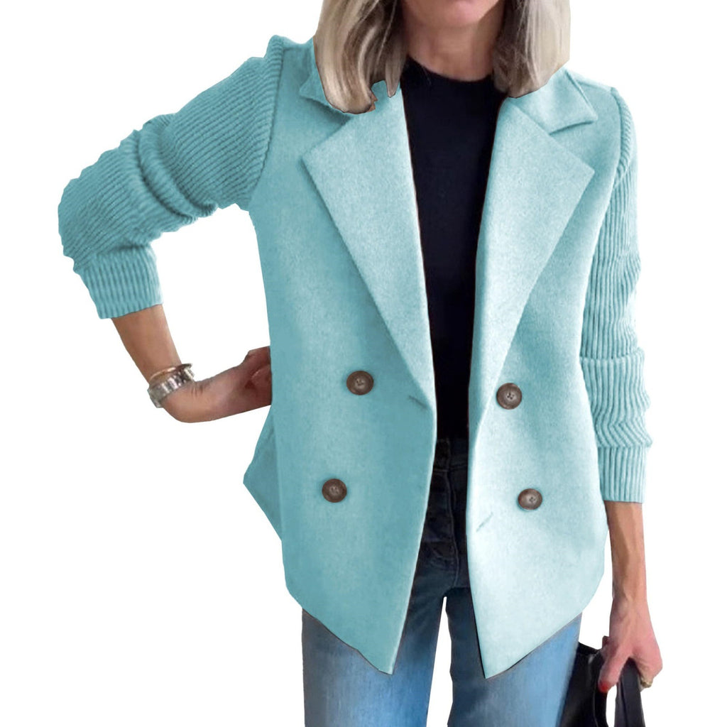 Ribbed Sleeve Double Breasted Lapel Jacket - SkyBlue