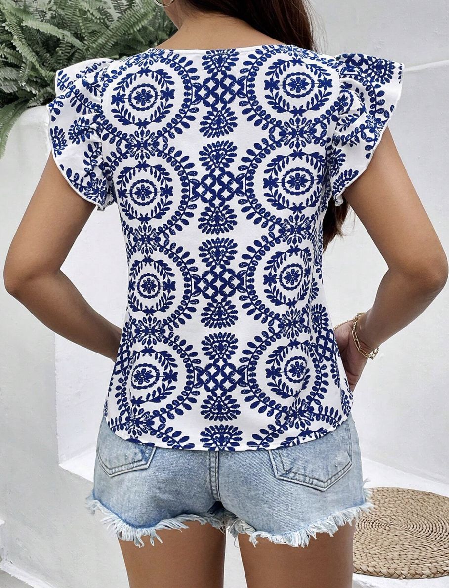 Medallion Print Square Neck Flutter Top - Blue - 2