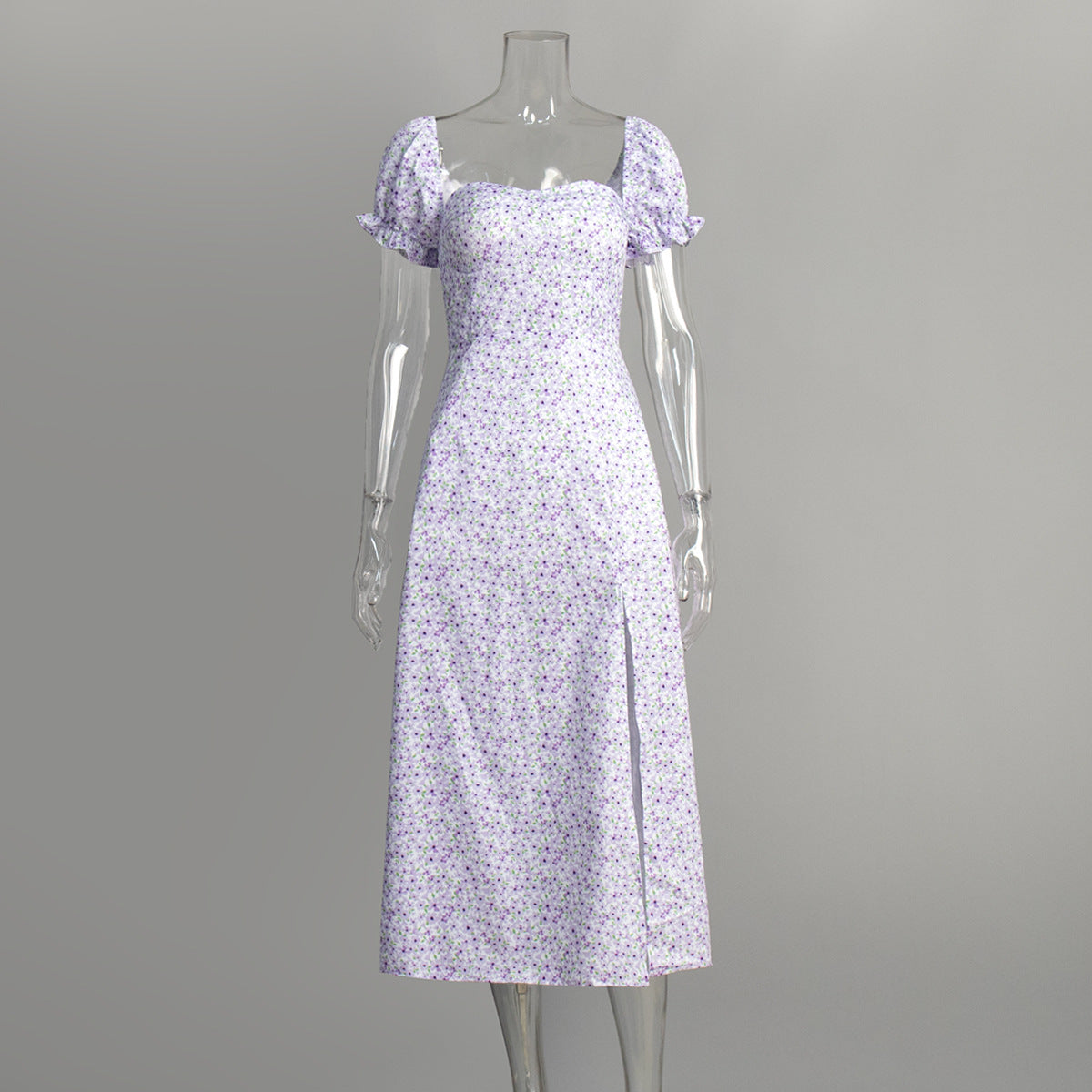 Ditsy Floral Off Shoulder Slit Midi Dress - Purple
