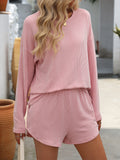 Waffle Knit Long Sleeve Lounge Short Set - Pink