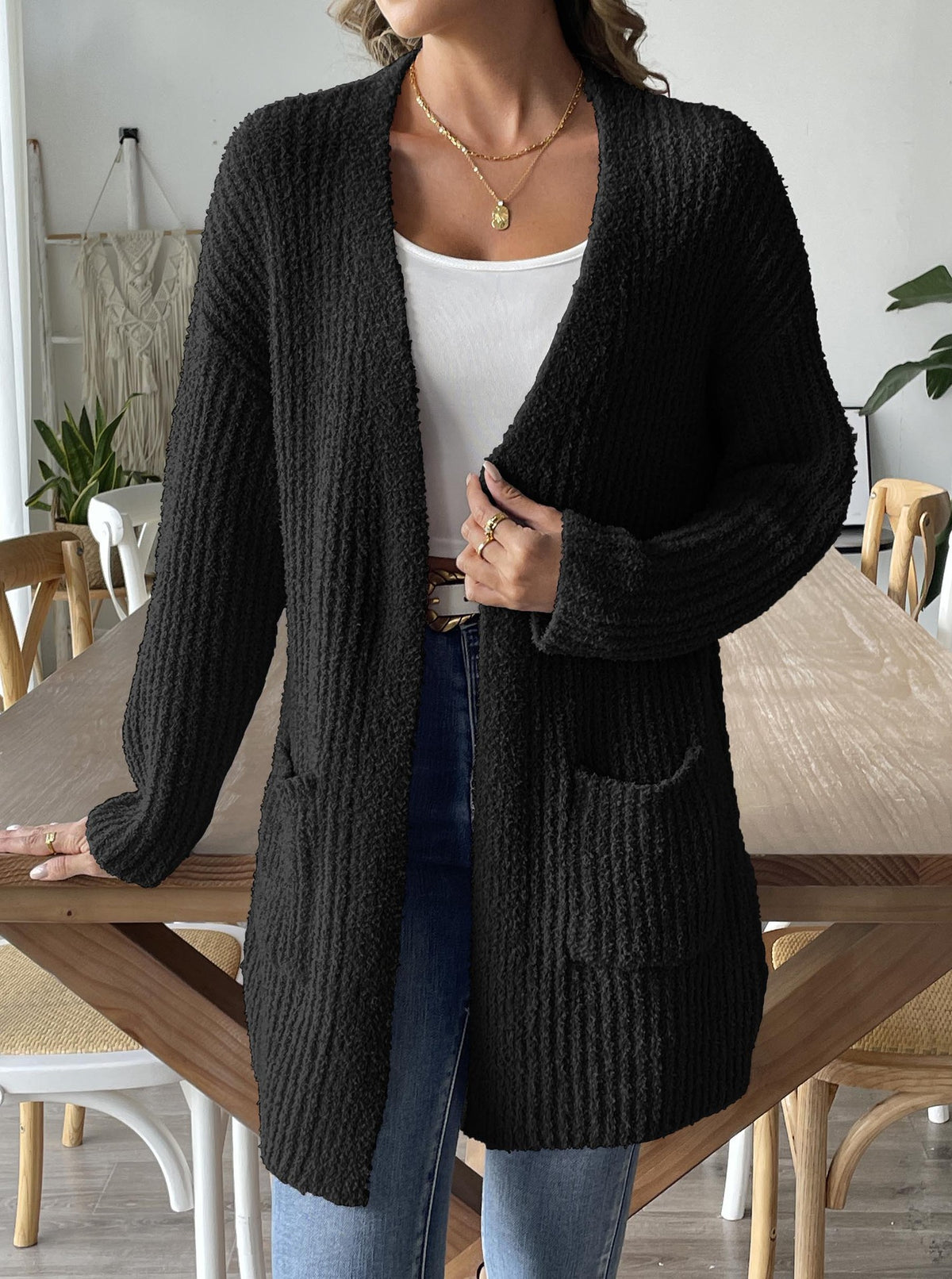 Open Front Ribbed Longline Pocket Cardigan - black