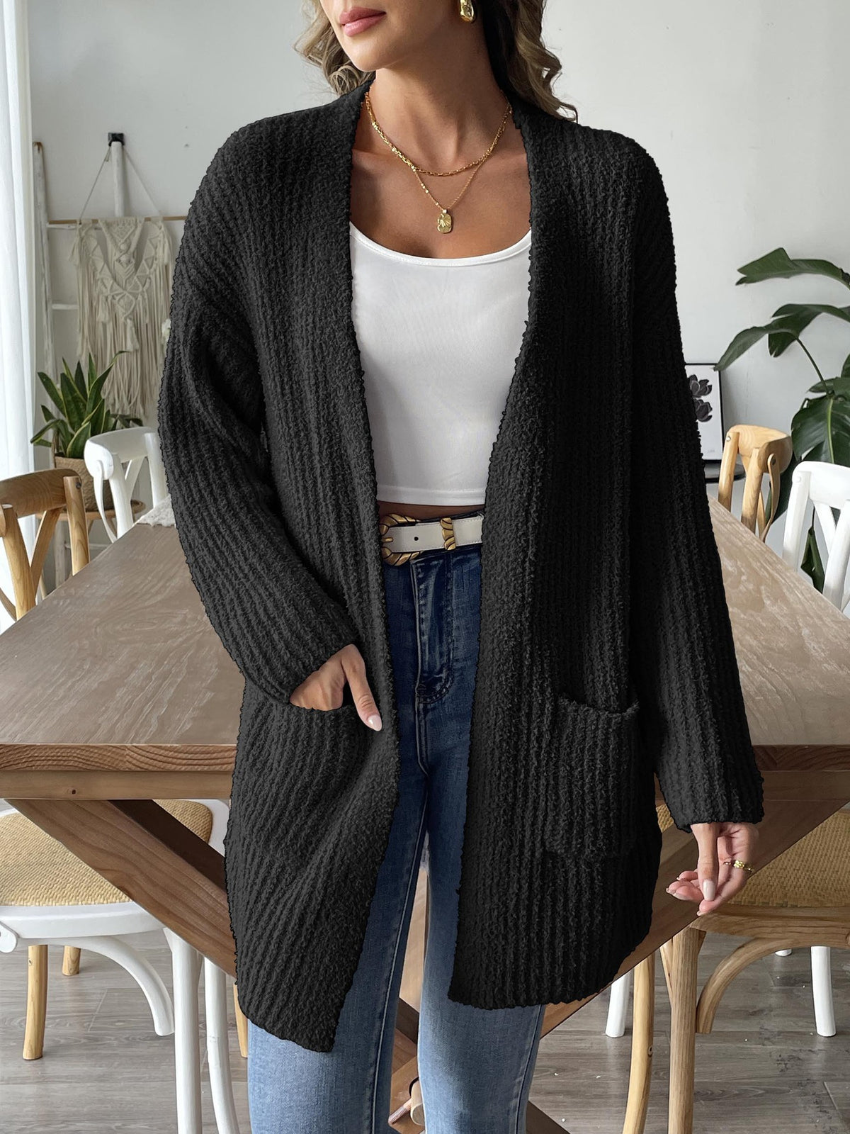 Open Front Ribbed Longline Pocket Cardigan - black - 1