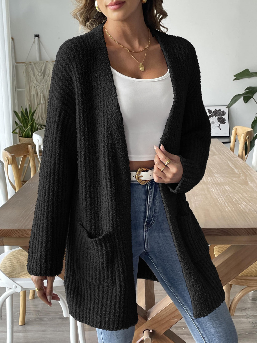 Open Front Ribbed Longline Pocket Cardigan - black - 2