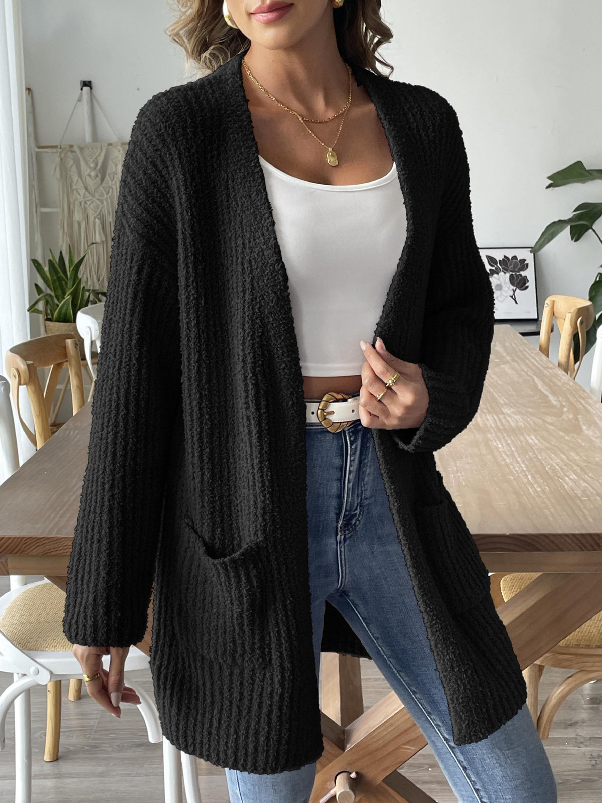 Open Front Ribbed Longline Pocket Cardigan - black - 2