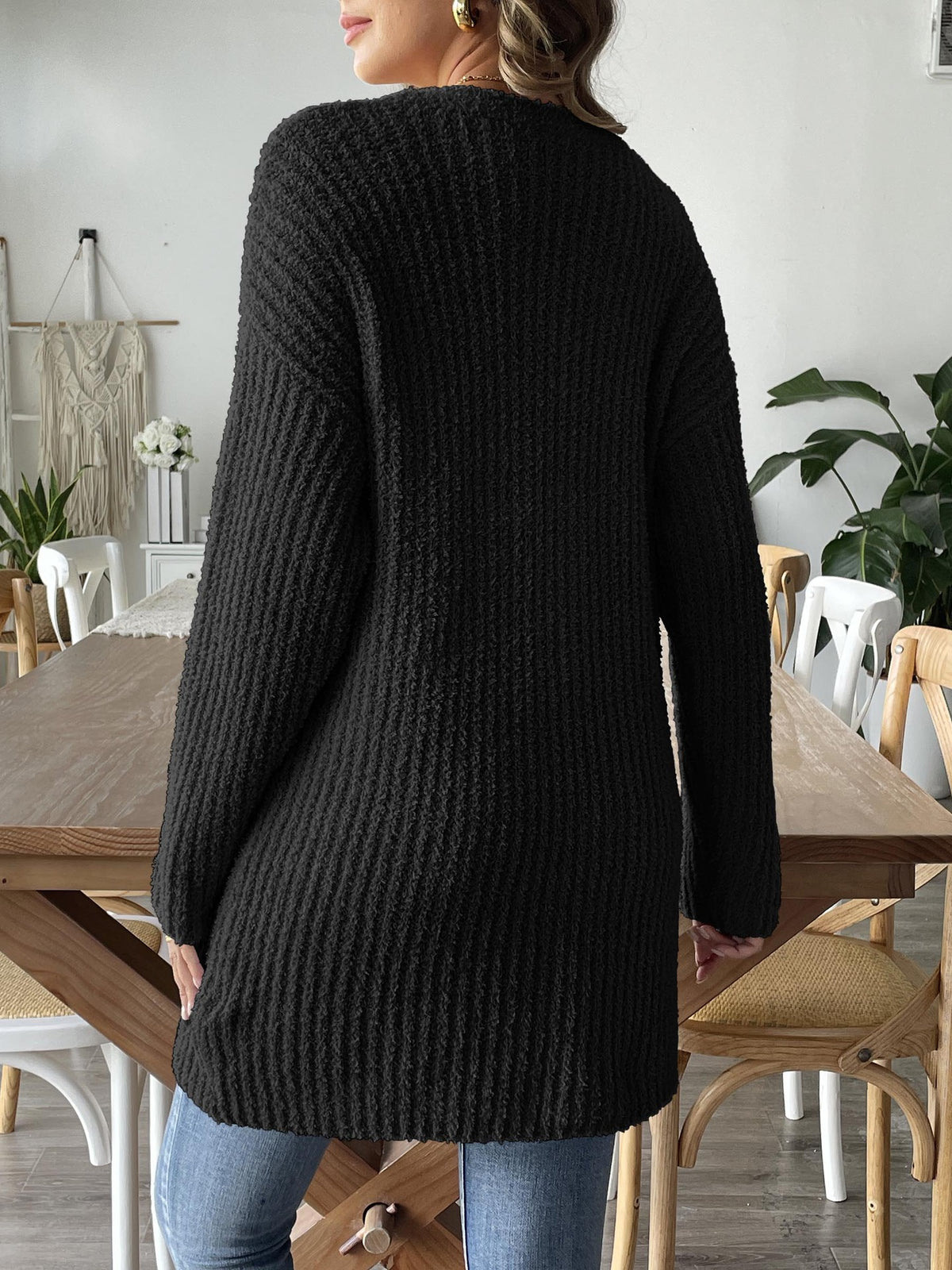 Open Front Ribbed Longline Pocket Cardigan - black - 3