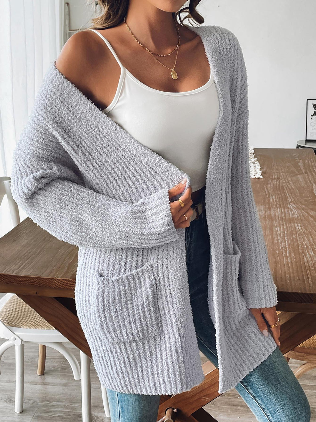 Open Front Ribbed Longline Pocket Cardigan - grey
