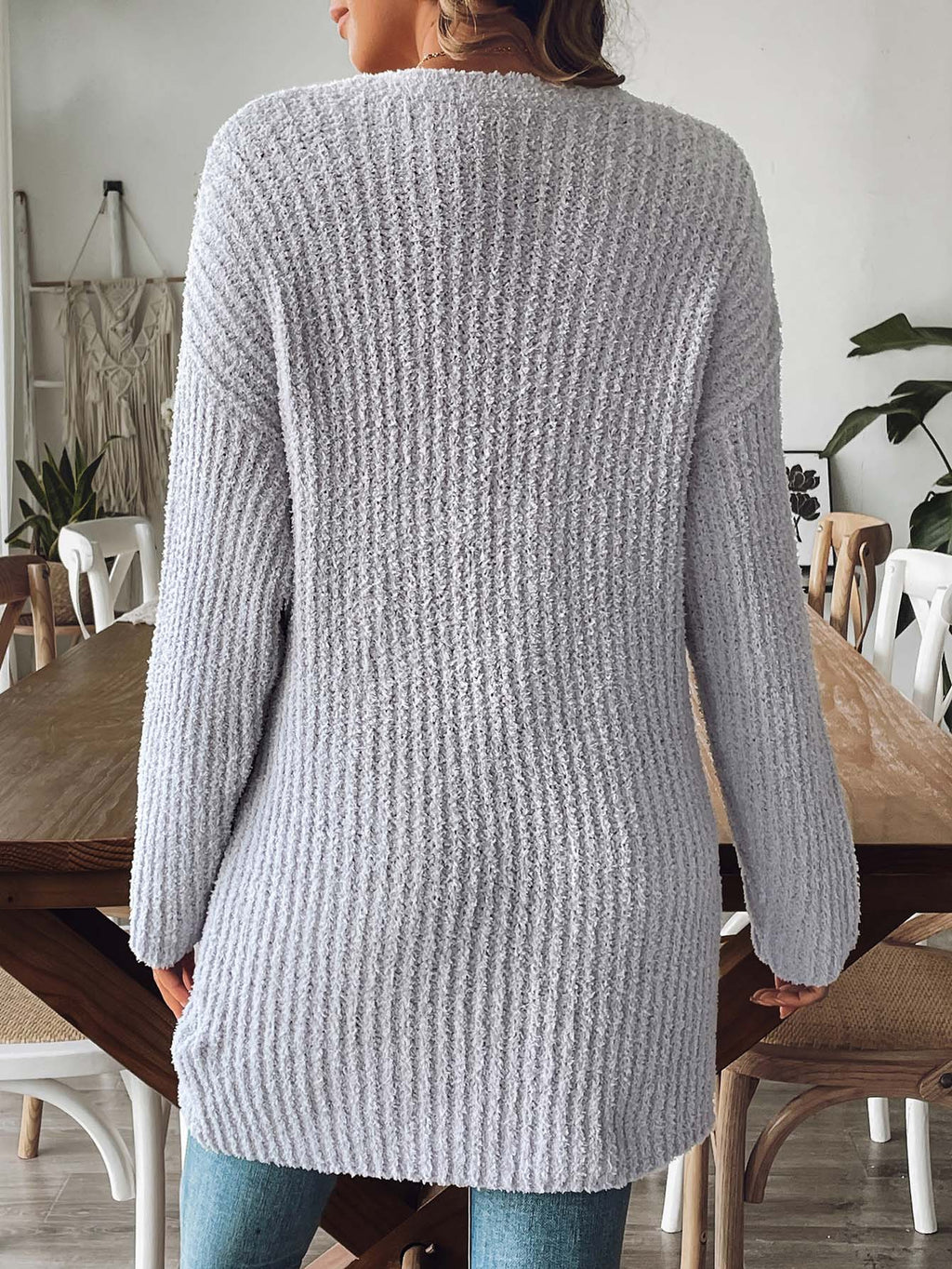 Open Front Ribbed Longline Pocket Cardigan - grey - 5