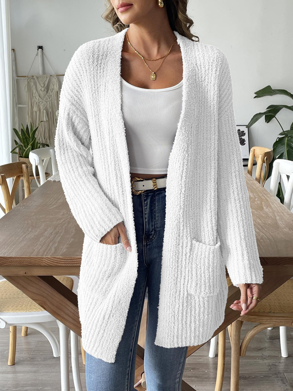 Open Front Ribbed Longline Pocket Cardigan - white - 1