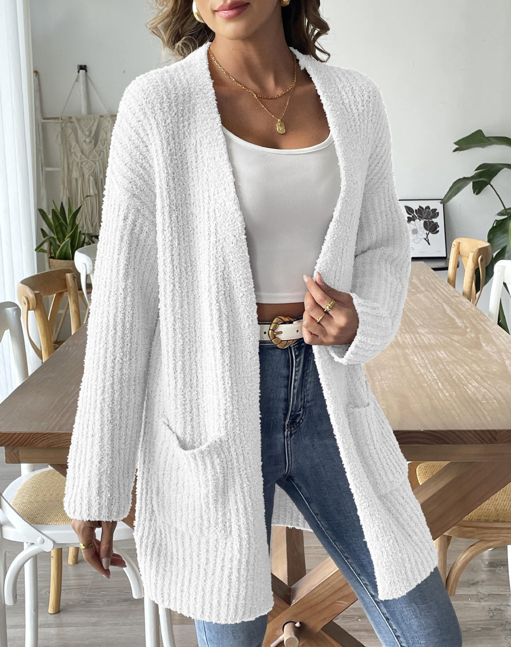 Open Front Ribbed Longline Pocket Cardigan - white - 2