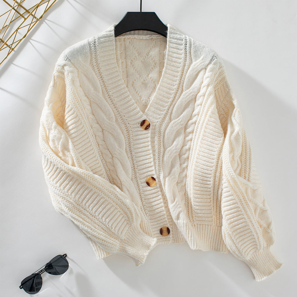 Slouchy Cable Knit Cropped Button Cardigan - Apricot