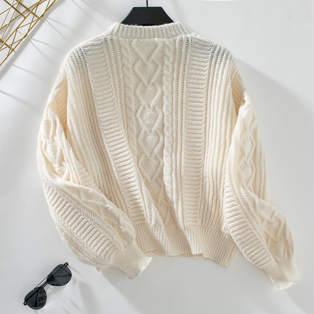 Slouchy Cable Knit Cropped Button Cardigan - Apricot - 1