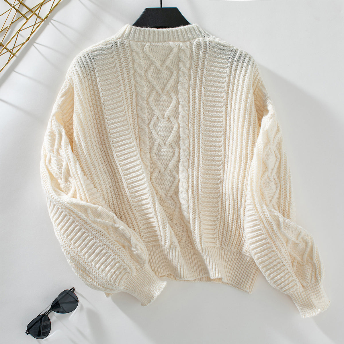 Slouchy Cable Knit Cropped Button Cardigan - Apricot - 1