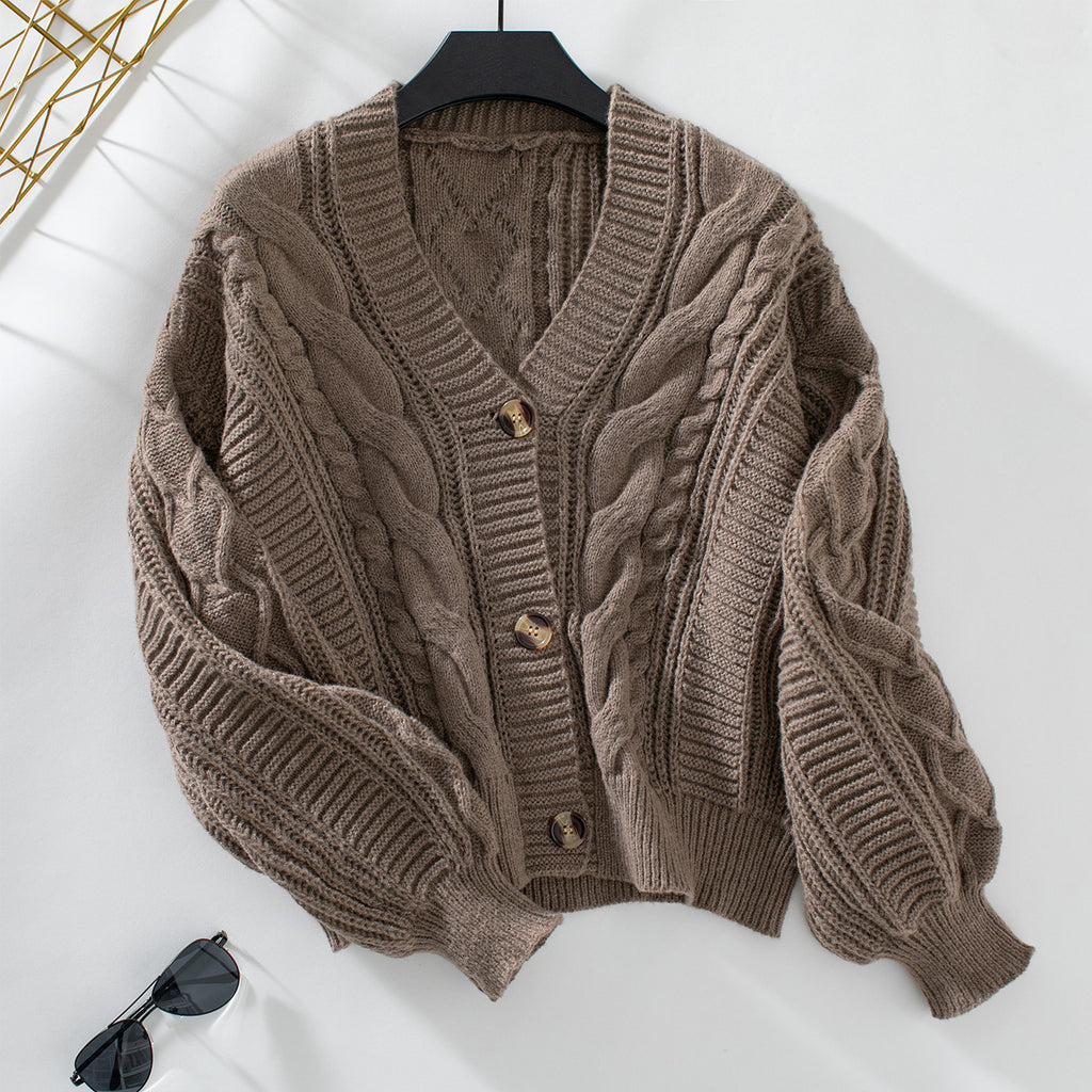 Slouchy Cable Knit Cropped Button Cardigan - Camel - 1