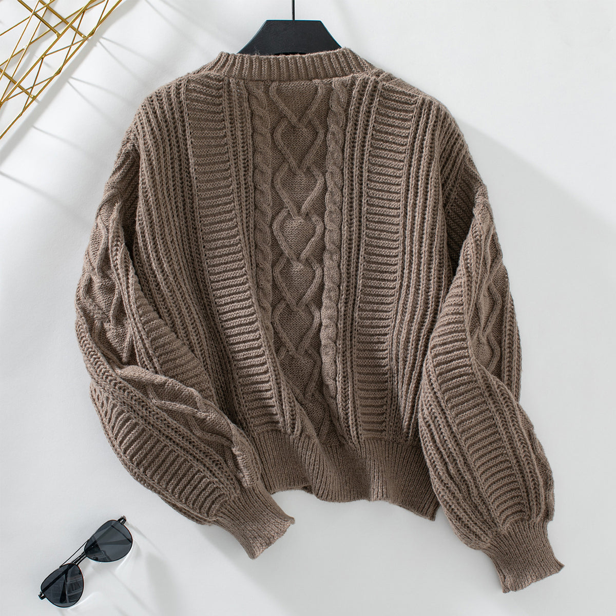 Slouchy Cable Knit Cropped Button Cardigan - Camel - 2