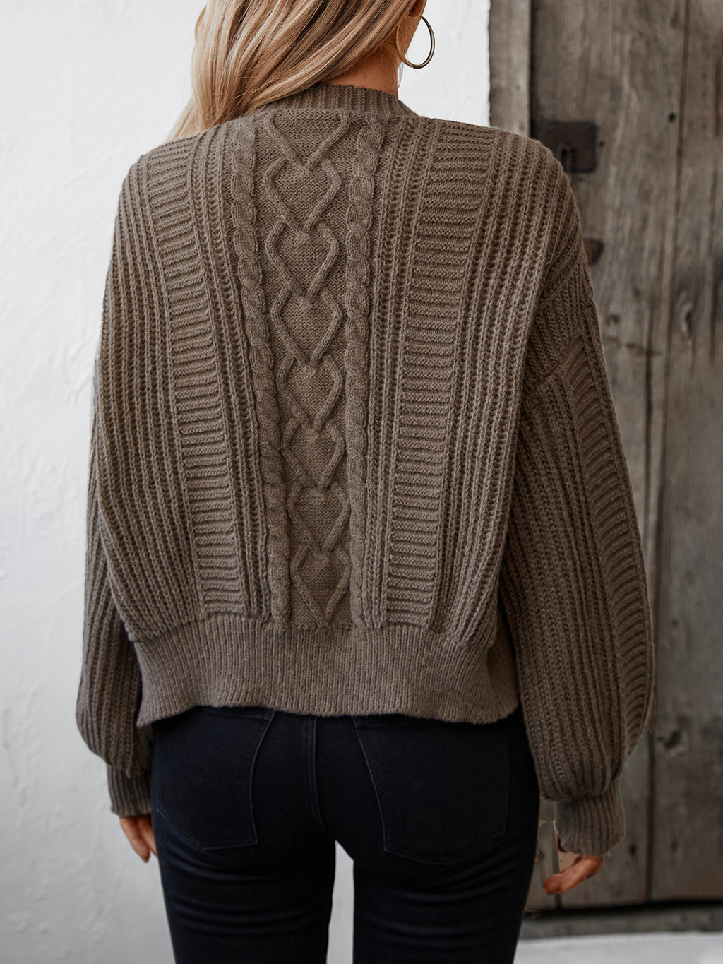 Slouchy Cable Knit Cropped Button Cardigan - Camel - 5