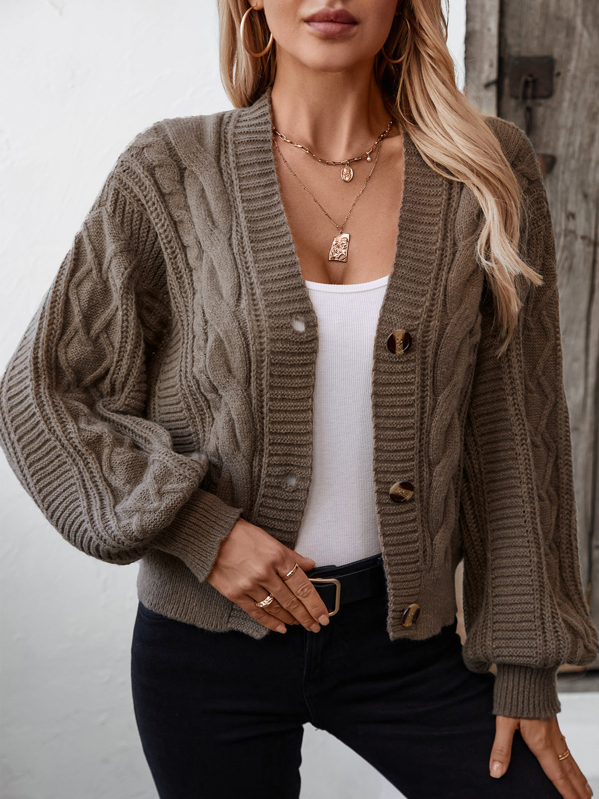 Slouchy Cable Knit Cropped Button Cardigan - Camel - 6