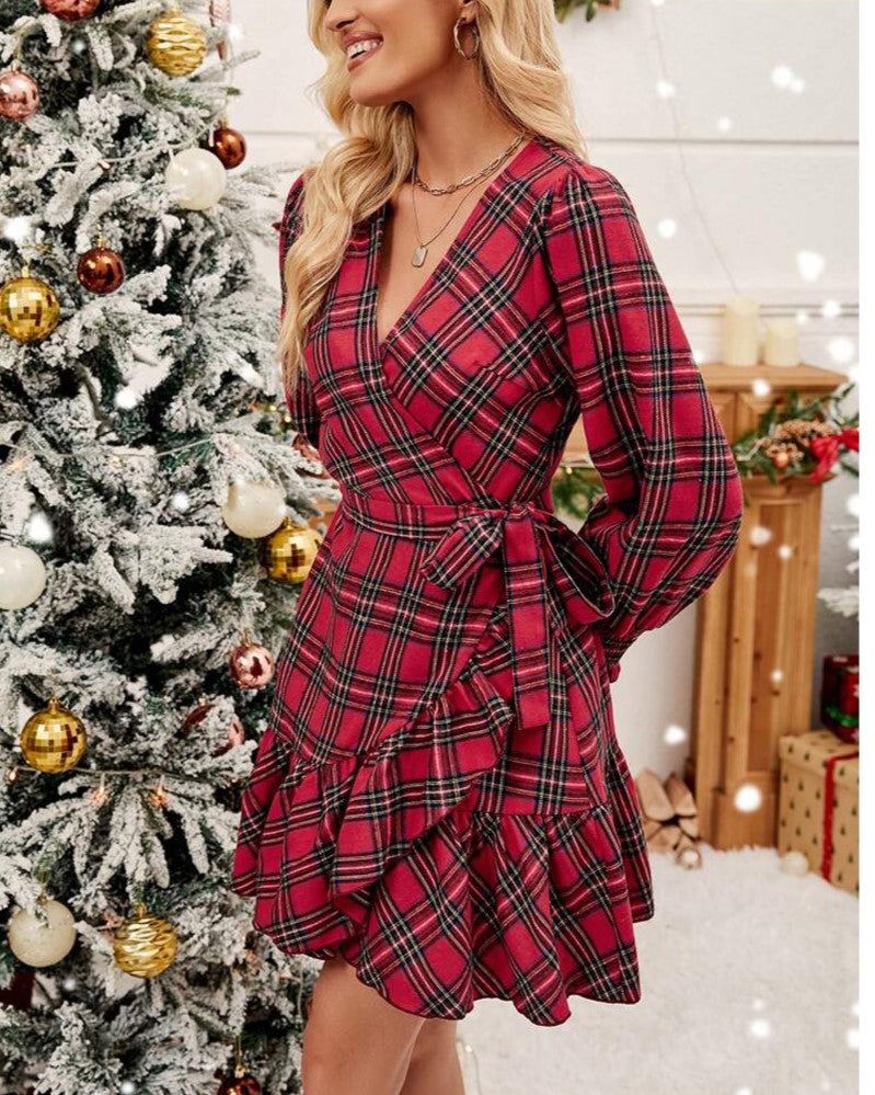 Red Tartan Wrap Front Ruffle Mini Dress - Red - 2