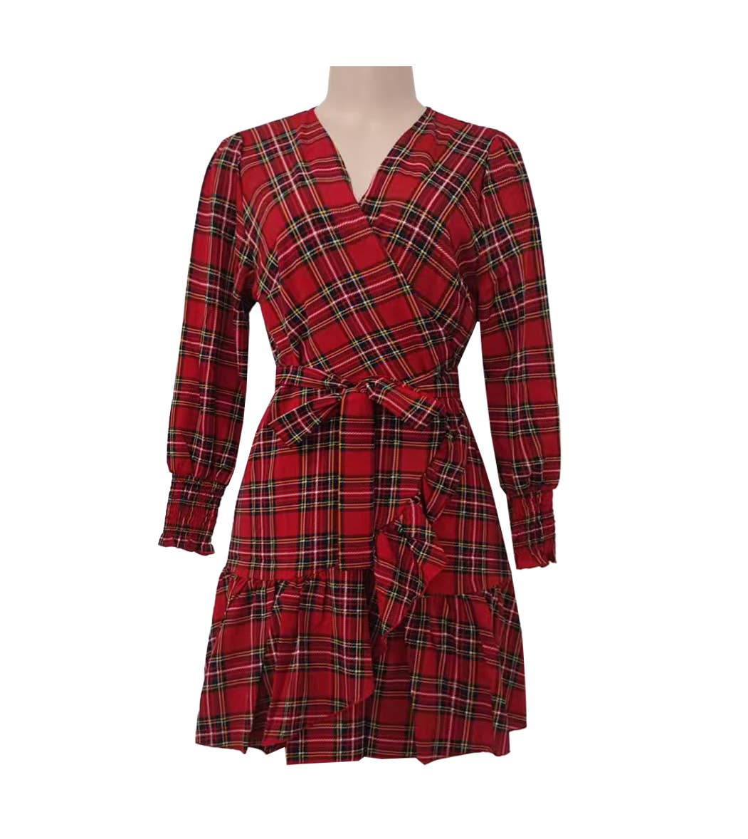 Red Tartan Wrap Front Ruffle Mini Dress