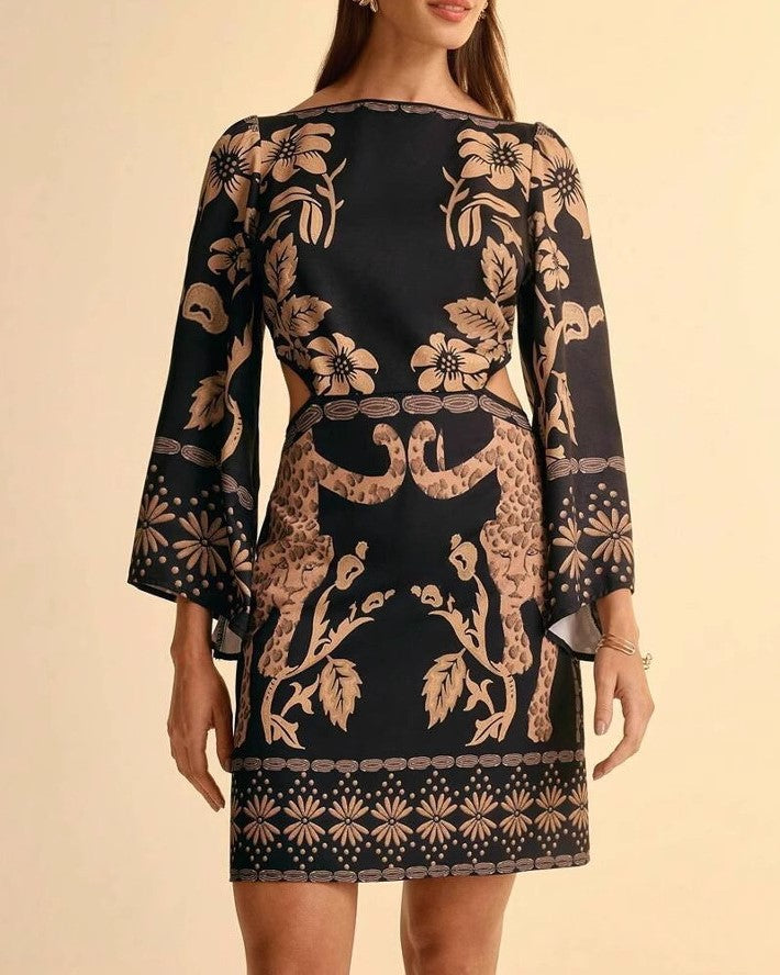 Palm Print Bell Sleeve Tie Back Mini Dress - Black