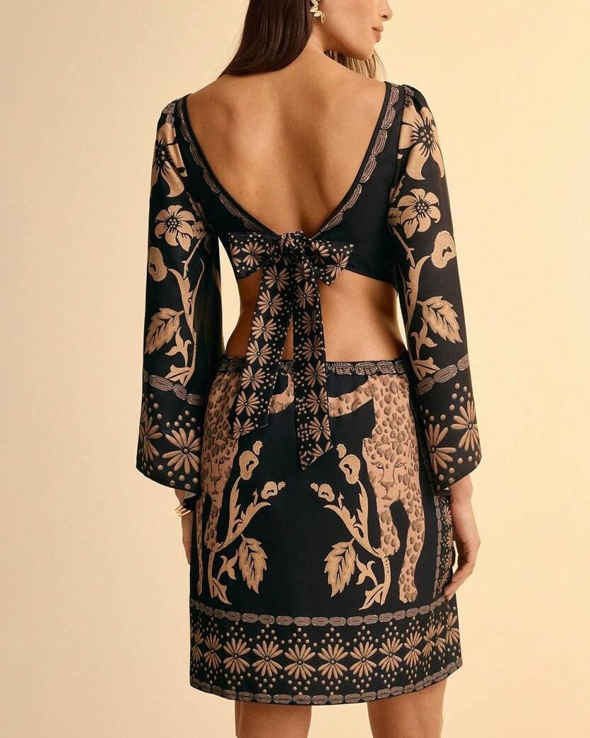 Palm Print Bell Sleeve Tie Back Mini Dress - Black - 1