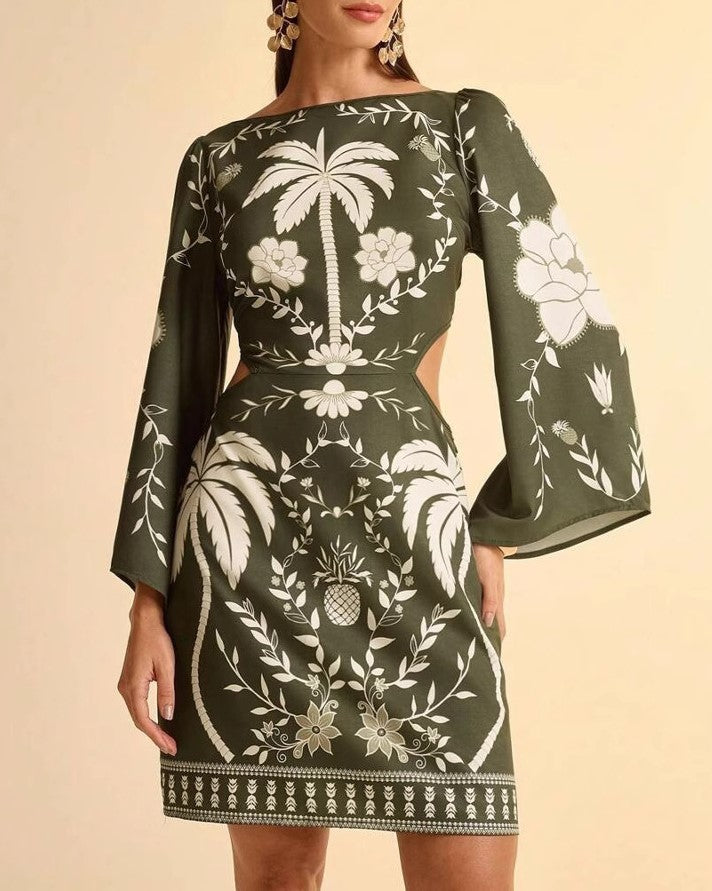 Palm Print Bell Sleeve Tie Back Mini Dress - Olive
