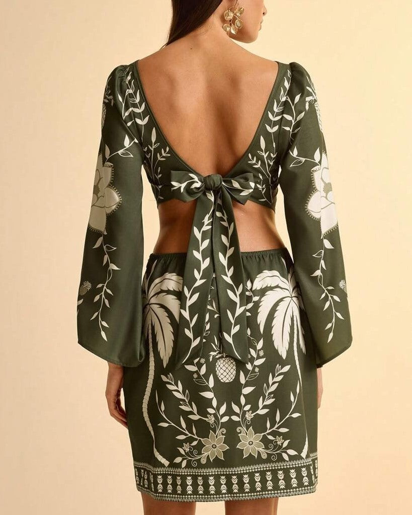 Palm Print Bell Sleeve Tie Back Mini Dress - Olive - 1