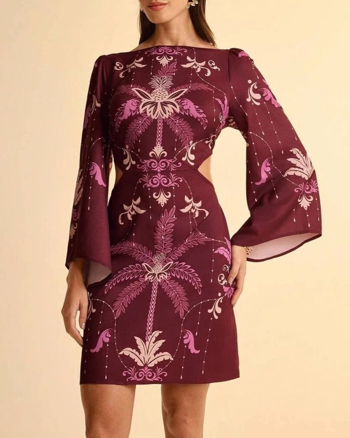 Palm Print Bell Sleeve Tie Back Mini Dress - WineRed
