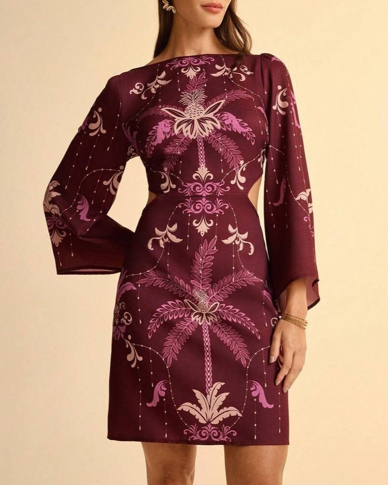 Palm Print Bell Sleeve Tie Back Mini Dress - WineRed - 1