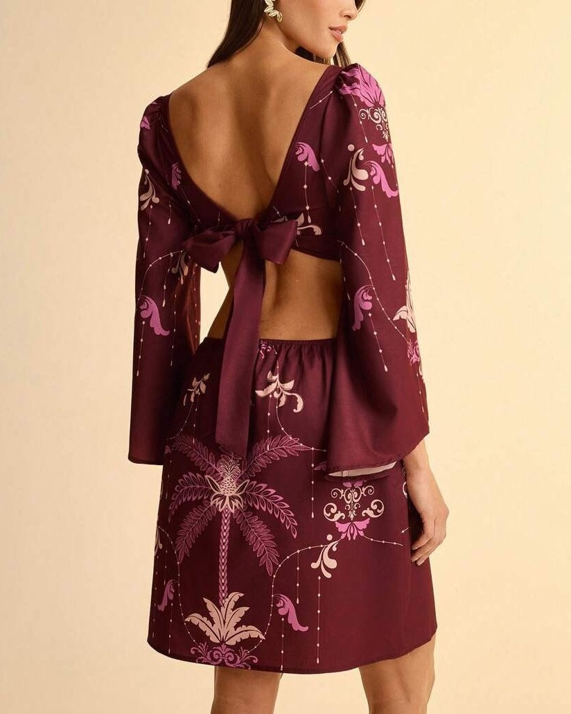 Palm Print Bell Sleeve Tie Back Mini Dress - WineRed - 2