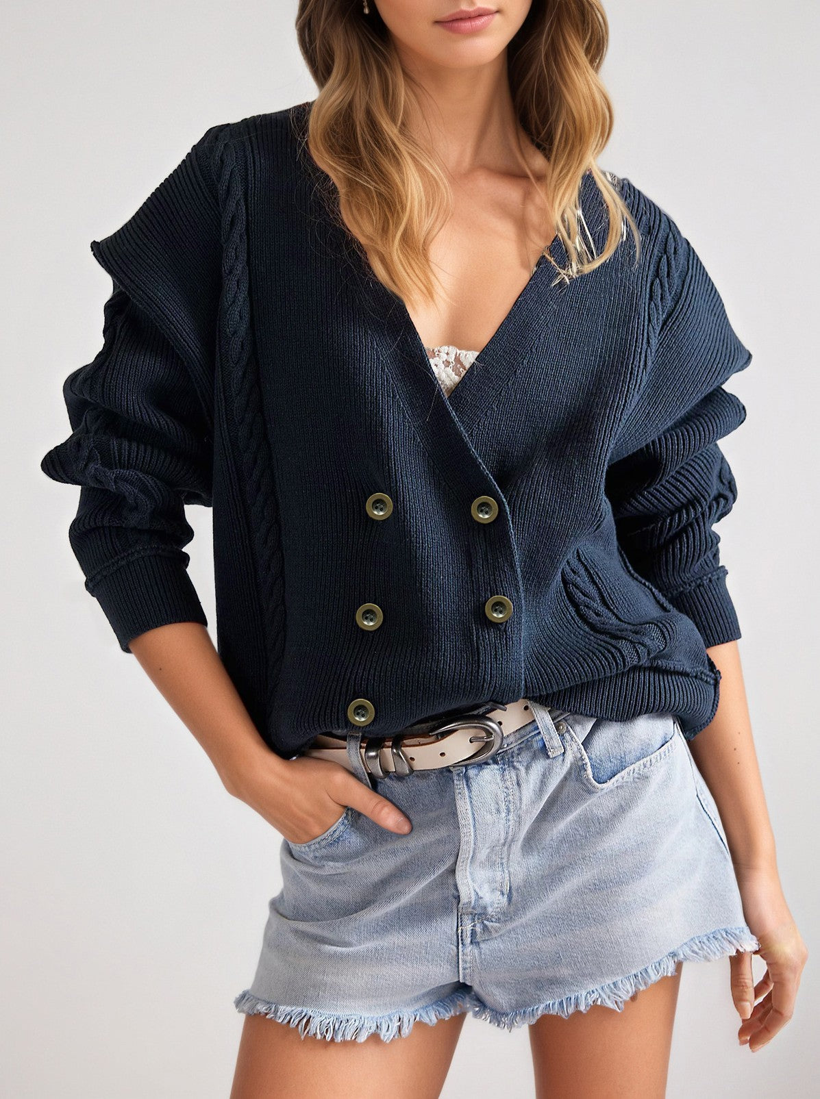 Slouchy Double Breasted Cardigan With Pockets - Blue