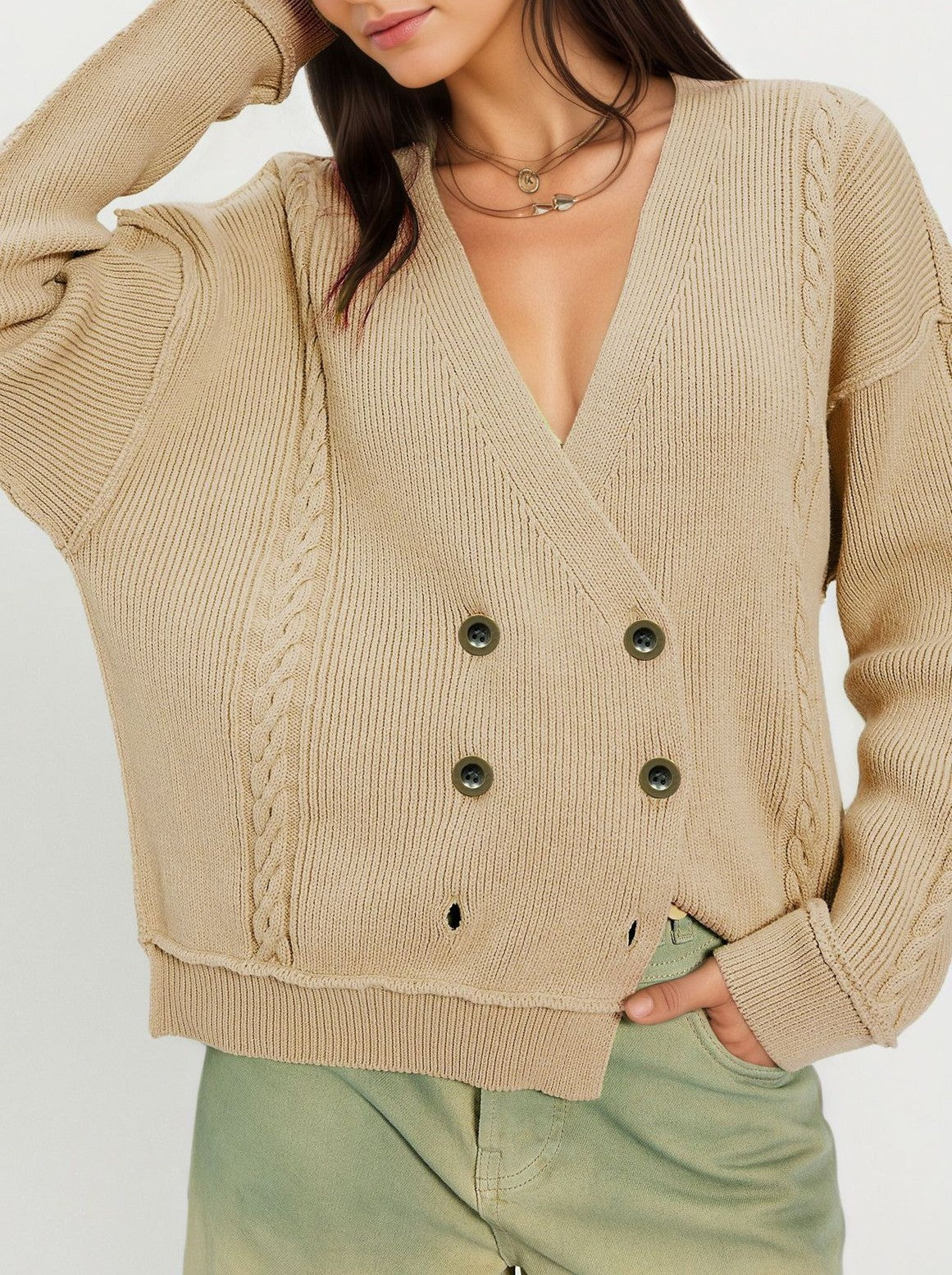 Slouchy Double Breasted Cardigan With Pockets - Khaki