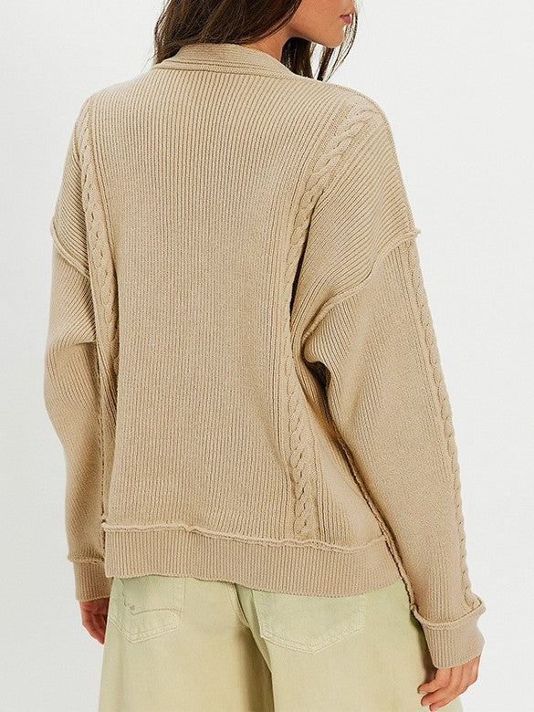 Slouchy Double Breasted Cardigan With Pockets - Khaki - 1
