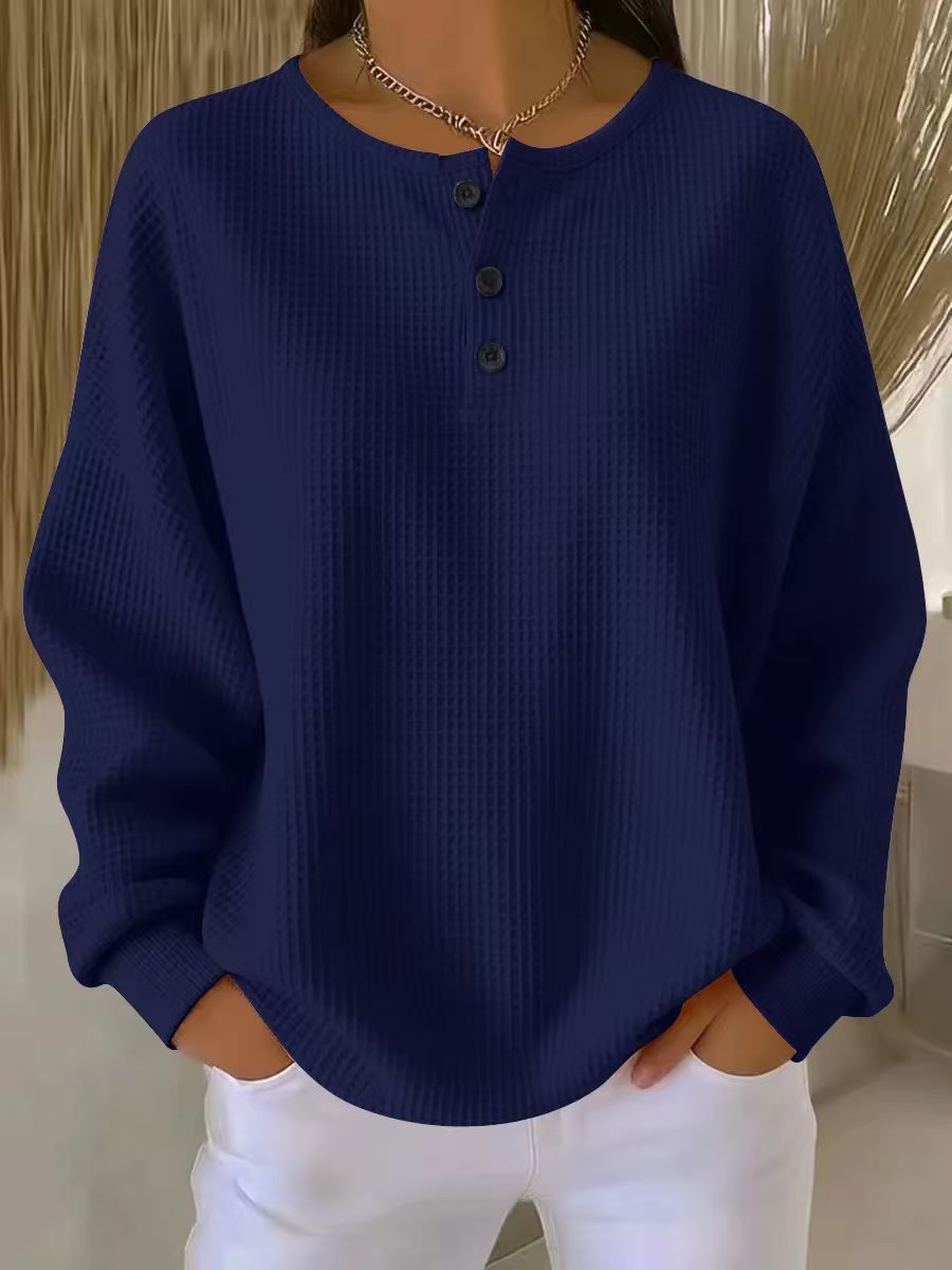 Waffle Knit Henley Shirt With Curved Hem - DarkBlue