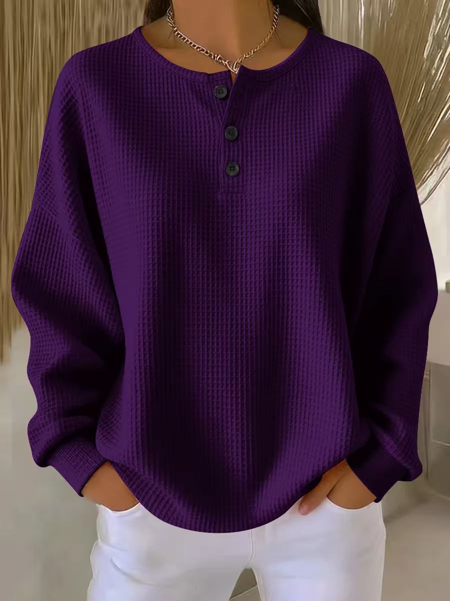 Waffle Knit Henley Shirt With Curved Hem - Purple