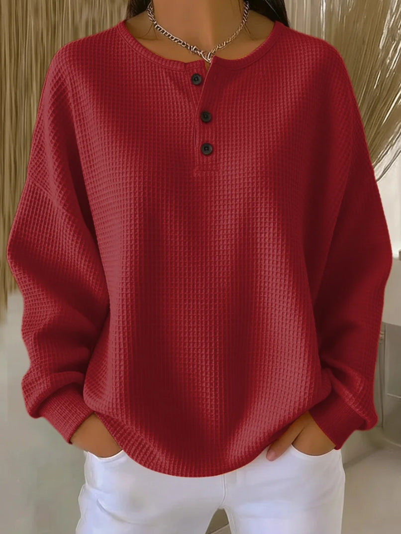 Waffle Knit Henley Shirt With Curved Hem - Red