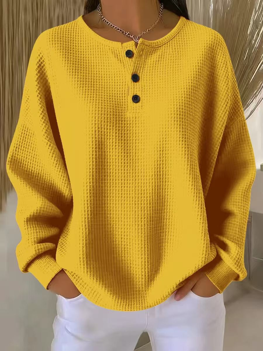 Waffle Knit Henley Shirt With Curved Hem - Yellow