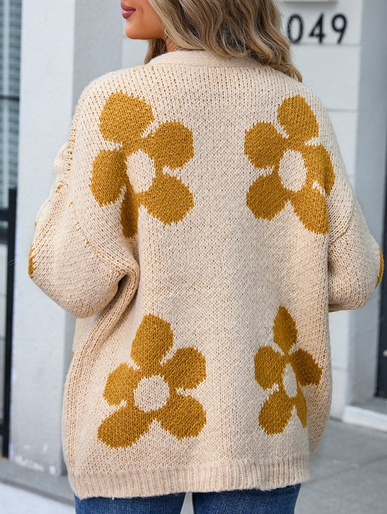 Oversized Daisy Jacquard Open Cardigan - Apricot - 1