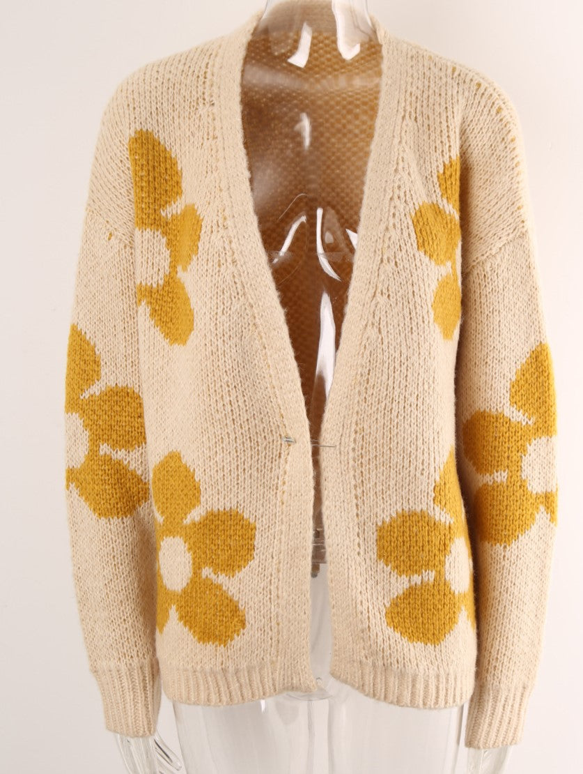 Oversized Daisy Jacquard Open Cardigan - Apricot - 2