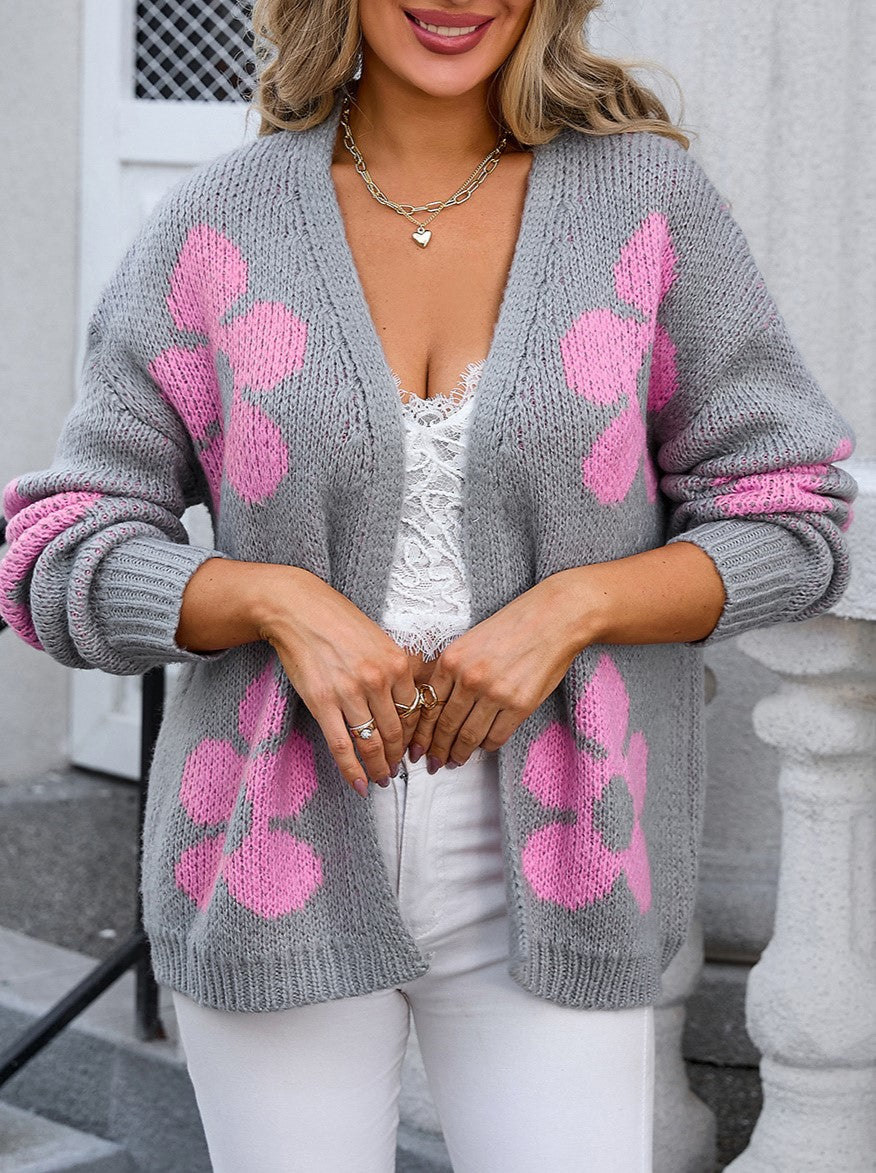 Oversized Daisy Jacquard Open Cardigan - Grey - 1