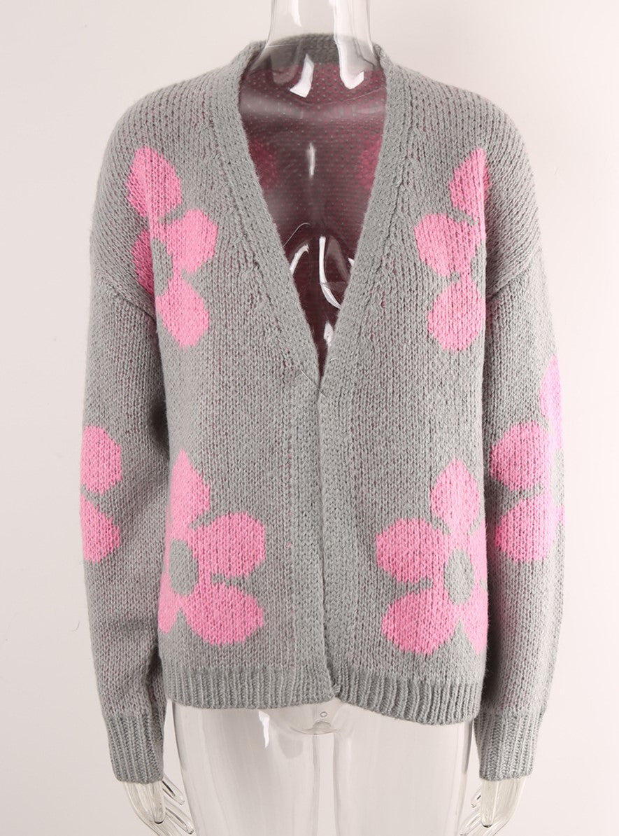 Oversized Daisy Jacquard Open Cardigan - Grey - 3