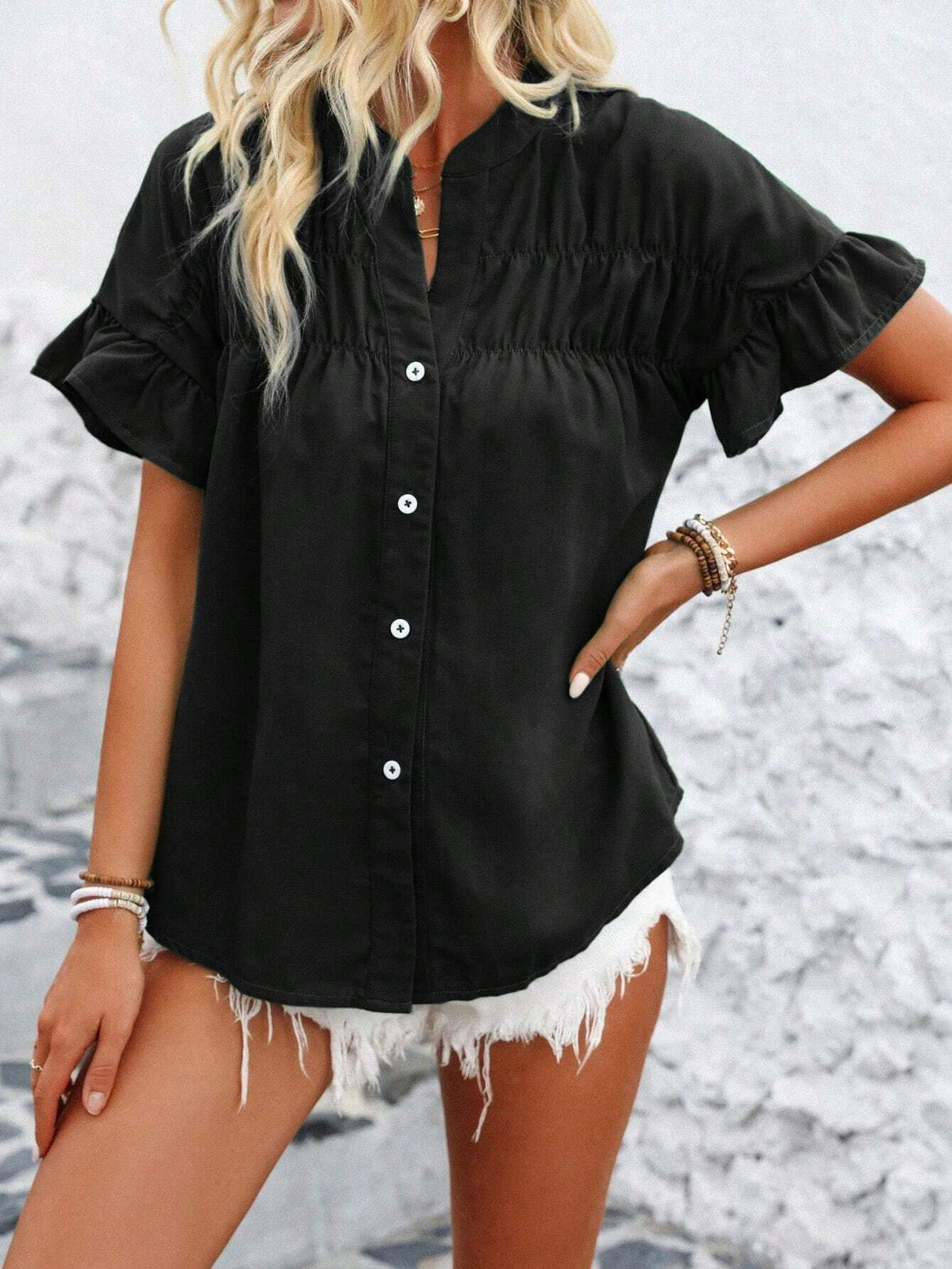 Shirred Yoke Flutter Sleeve Blouse - Black - 1