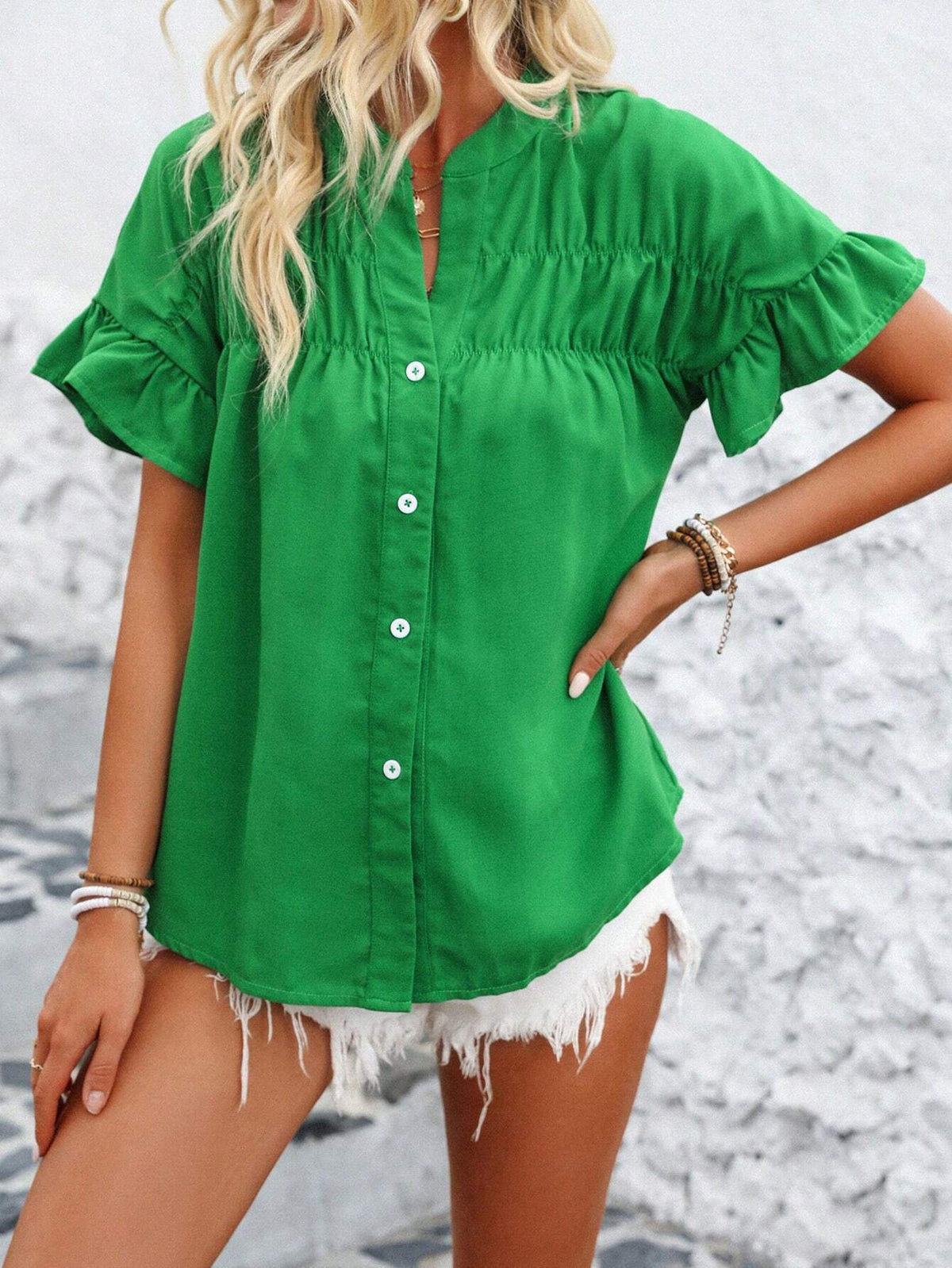 Shirred Yoke Flutter Sleeve Blouse - Green
