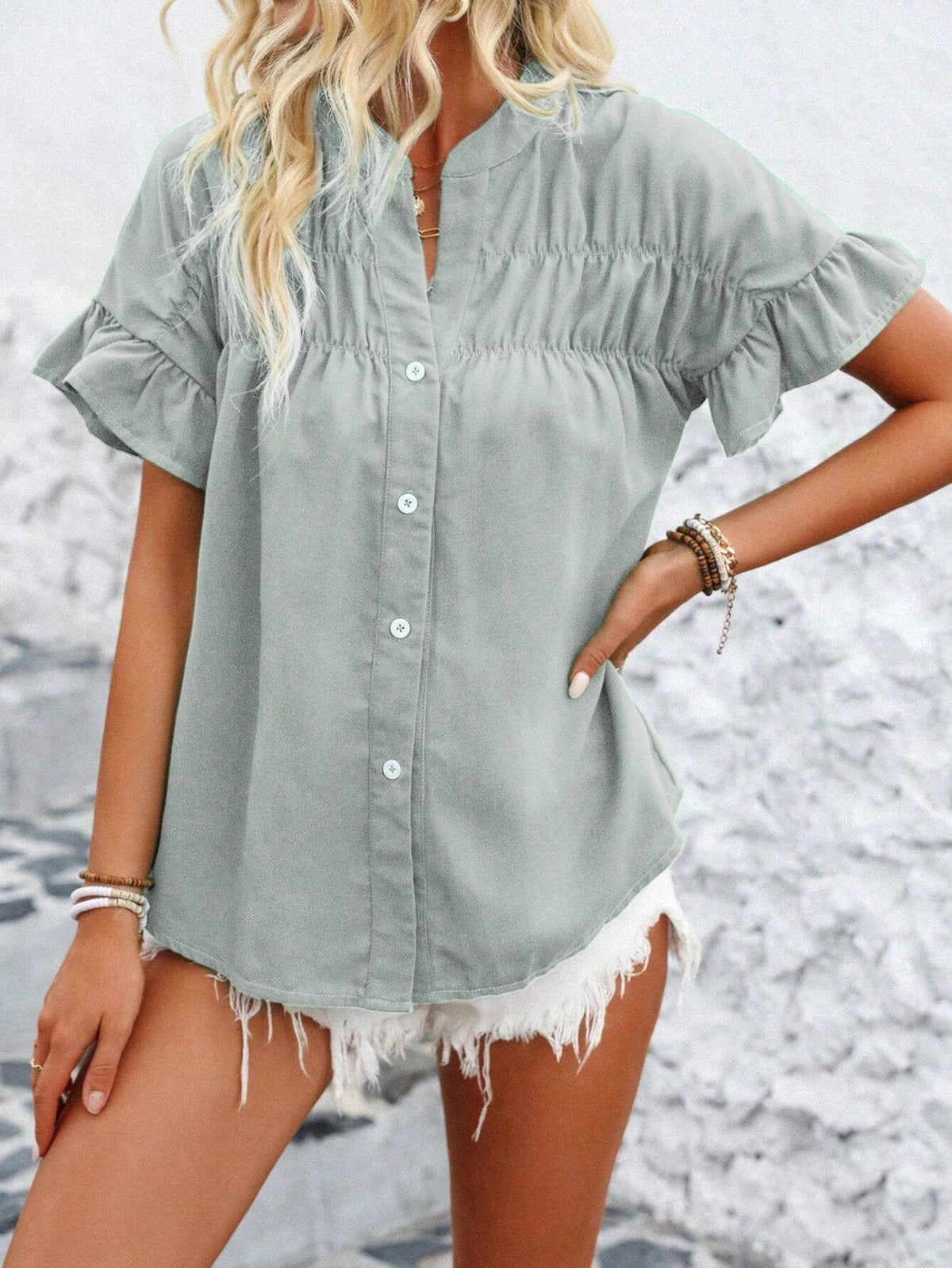 Shirred Yoke Flutter Sleeve Blouse - Grey