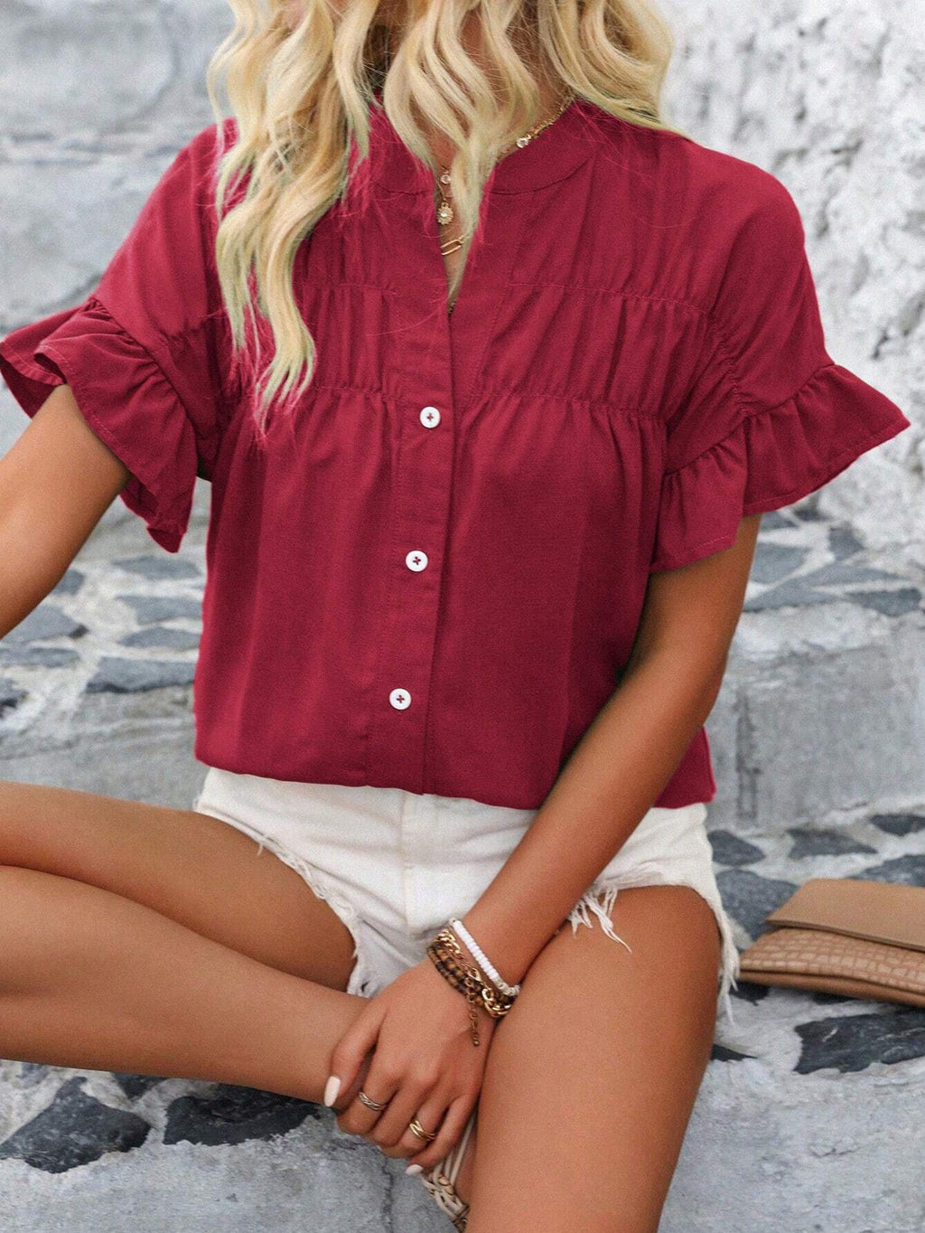 Shirred Yoke Flutter Sleeve Blouse - Red - 1