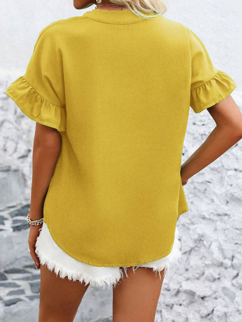 Shirred Yoke Flutter Sleeve Blouse - Yellow - 1