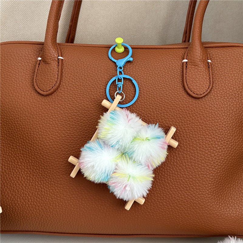 Plush Pom Pom Wooden Lattice Bag Charm Keychain - Blue
